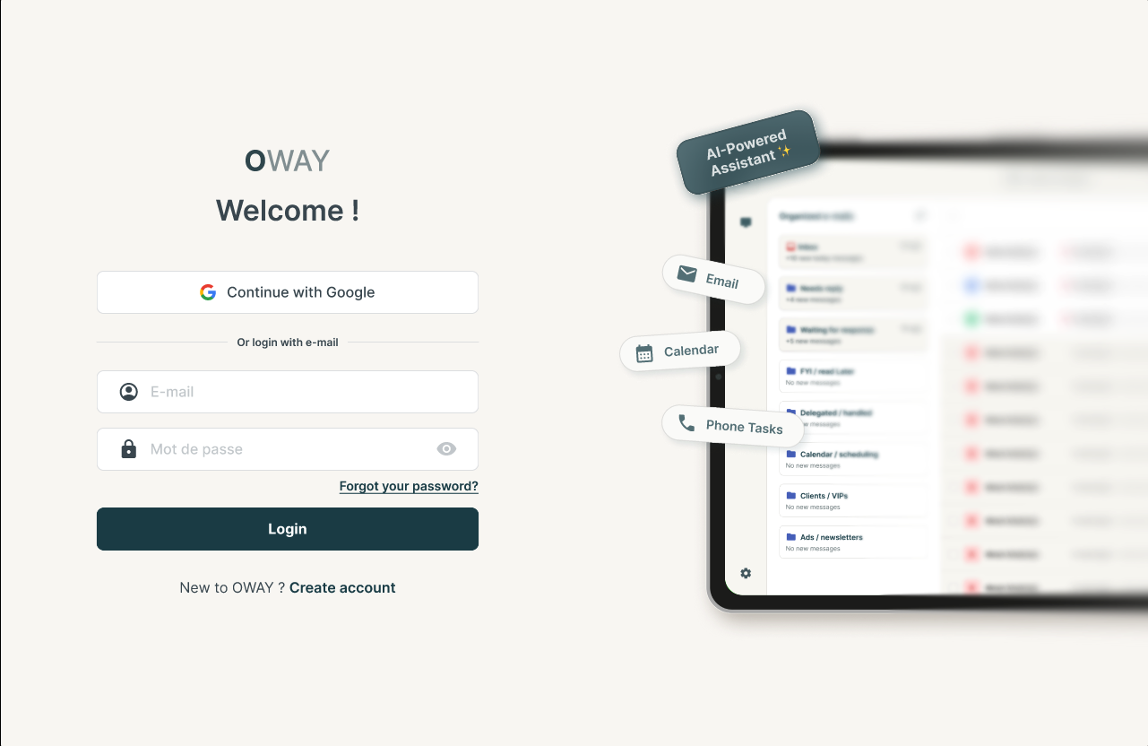 OWAY App Interface showing login screen and mobile dashboard with Email, Calendar, and Phone Tasks